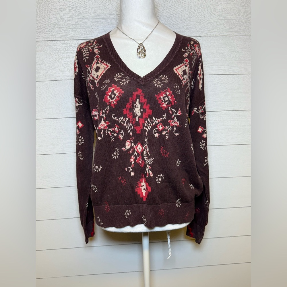 Sundance Glissade Plum V-Neck Print Sweater 100% Cotton Size Medium - Picture 2 of 6